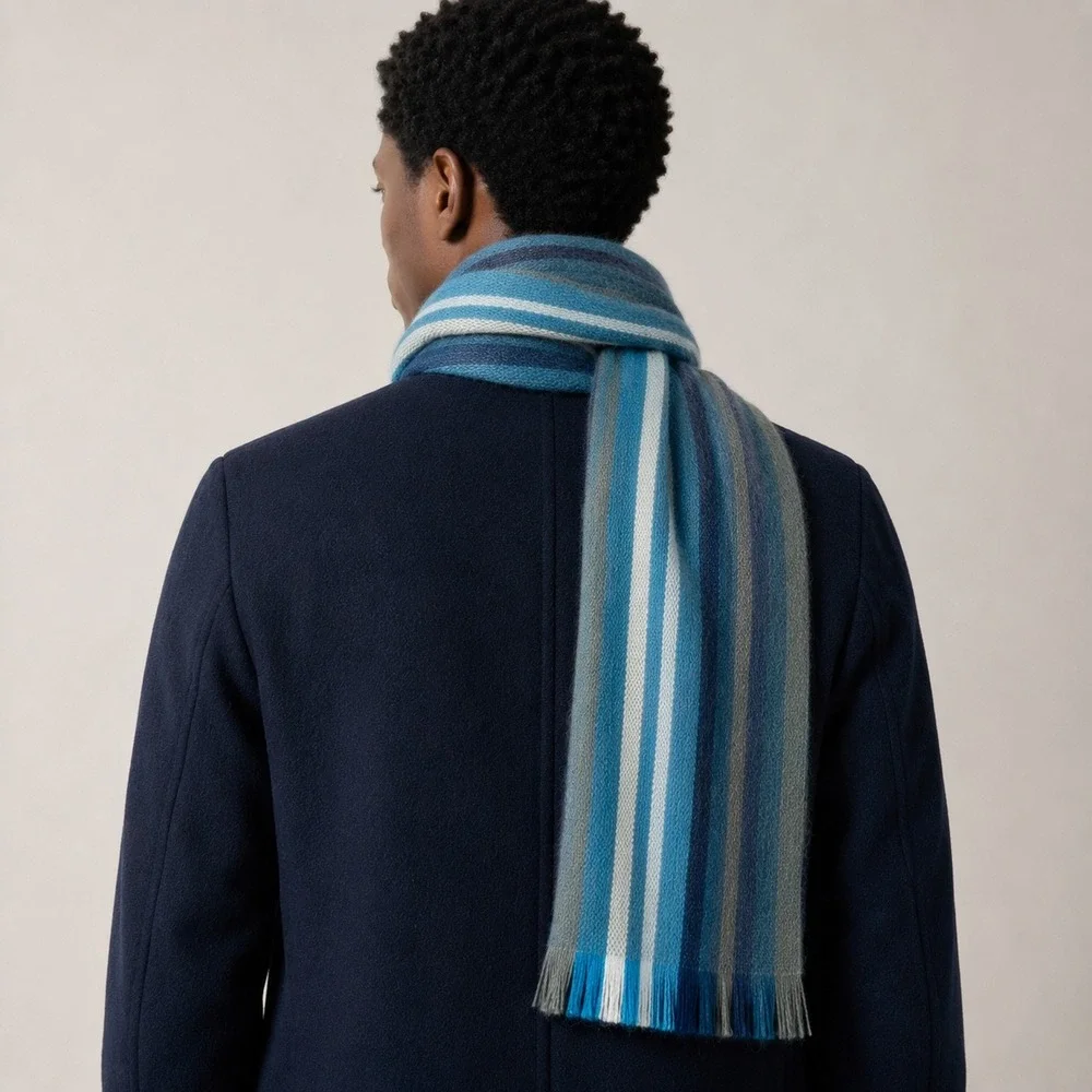 Shupaca Alpaca Blend Striped Scarf Blue Gray Fringe Handmade Ecuador